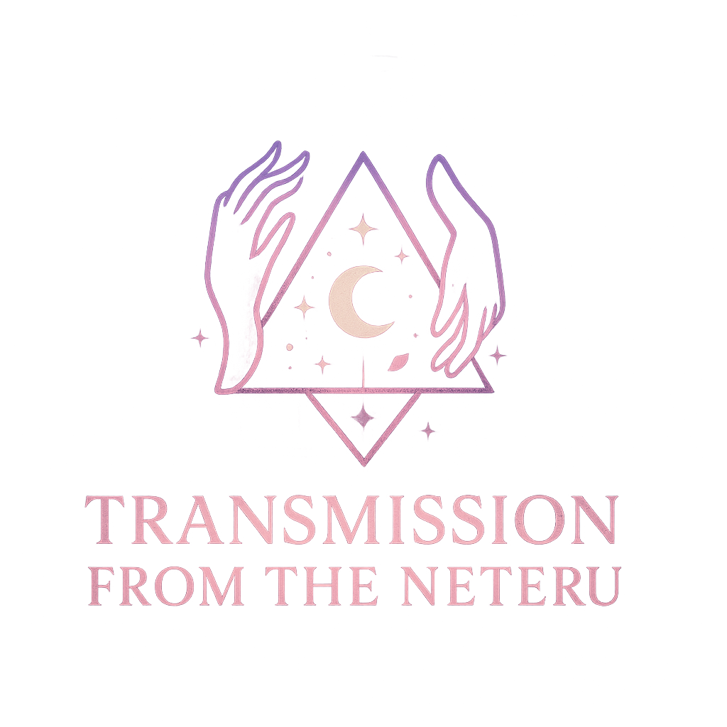 Logo with hands holding a diamond-shaped symbol featuring a moon, with 'Transmission from the Neteru' text below on a white background.