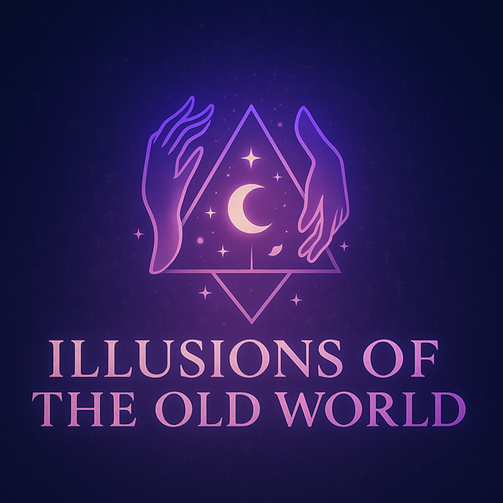 Logo with hands holding a triangle with a moon and stars, and text 'Illusions of the Old World' on a dark purple background.