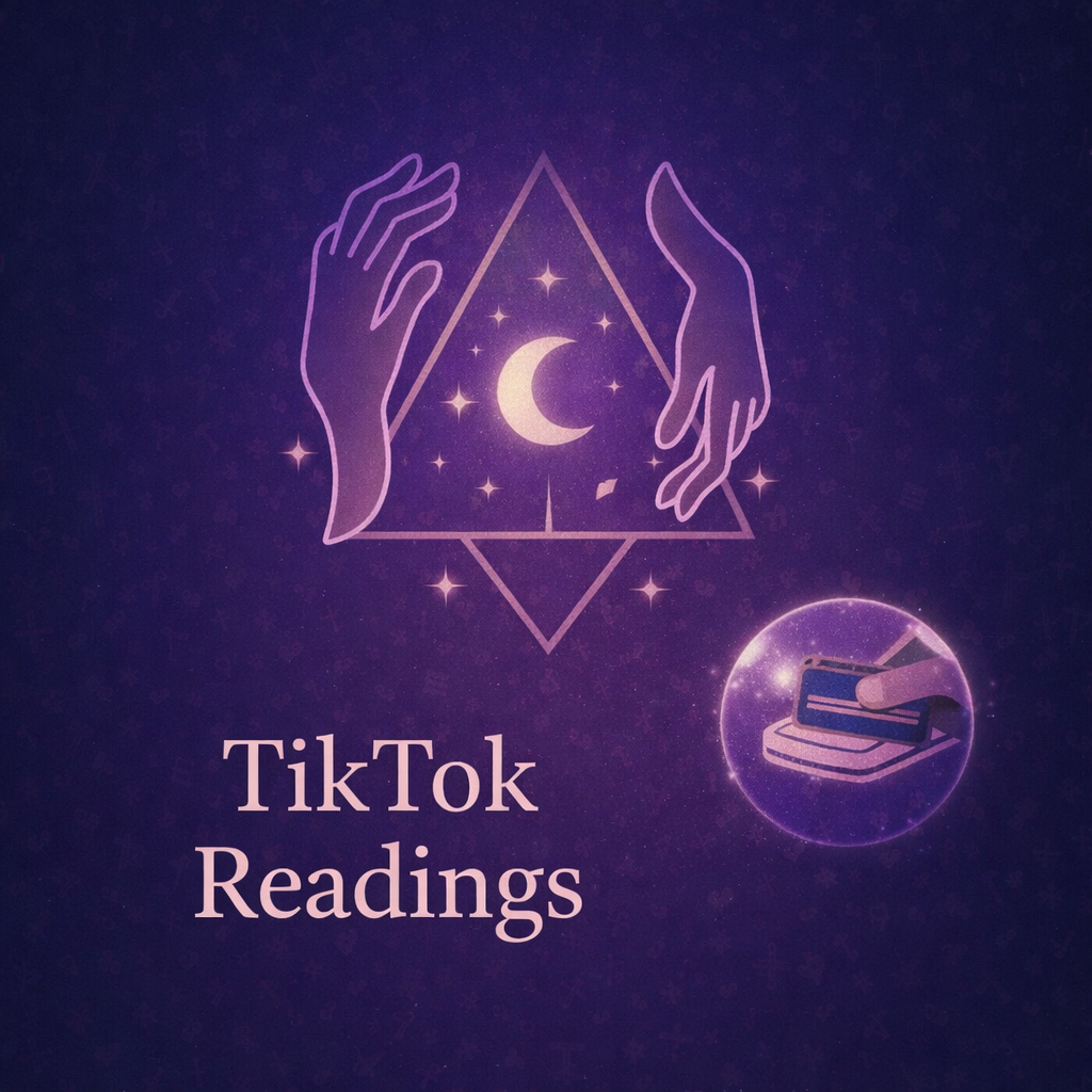 Logo for TikTok Readings with hands holding a triangle with a moon and star, on a purple background.