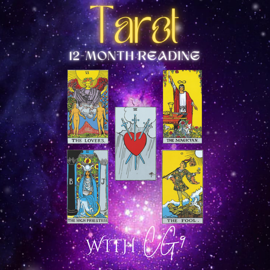 Tarot cards with a purple starry background and text about a 12-month reading.