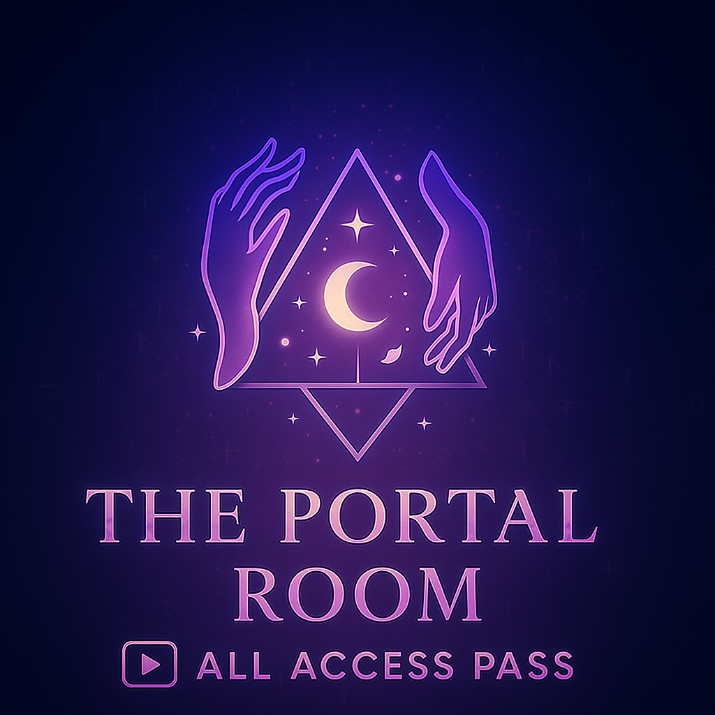 Logo for 'The Portal Room' with hands holding a triangle with a moon and star, on a dark purple background.