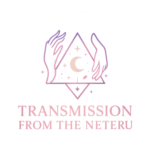 Logo with hands holding a diamond-shaped symbol featuring a moon, with 'Transmission from the Neteru' text below on a white background.
