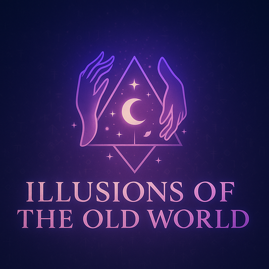 Logo with hands holding a triangle with a moon and stars, and text 'Illusions of the Old World' on a dark purple background.