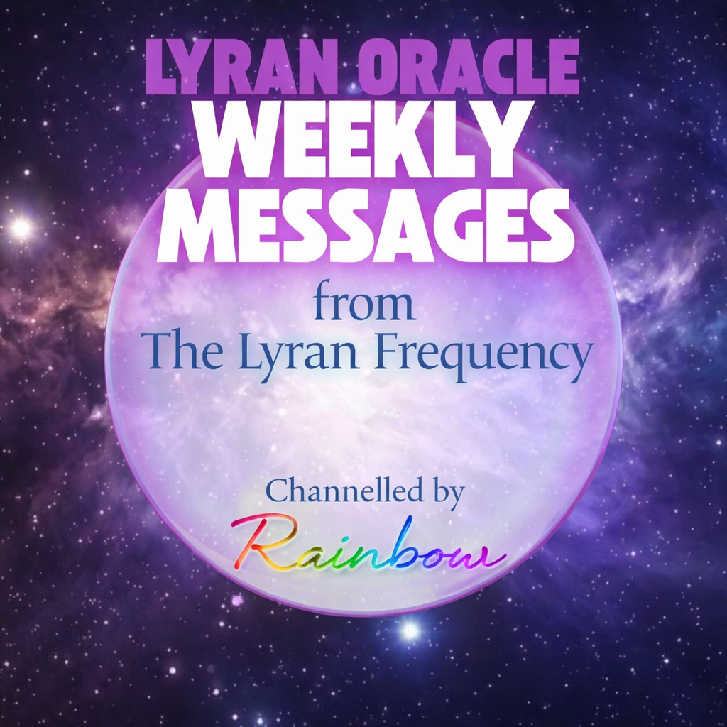 Promotional graphic for Lyran Oracle Weekly Messages with a cosmic background