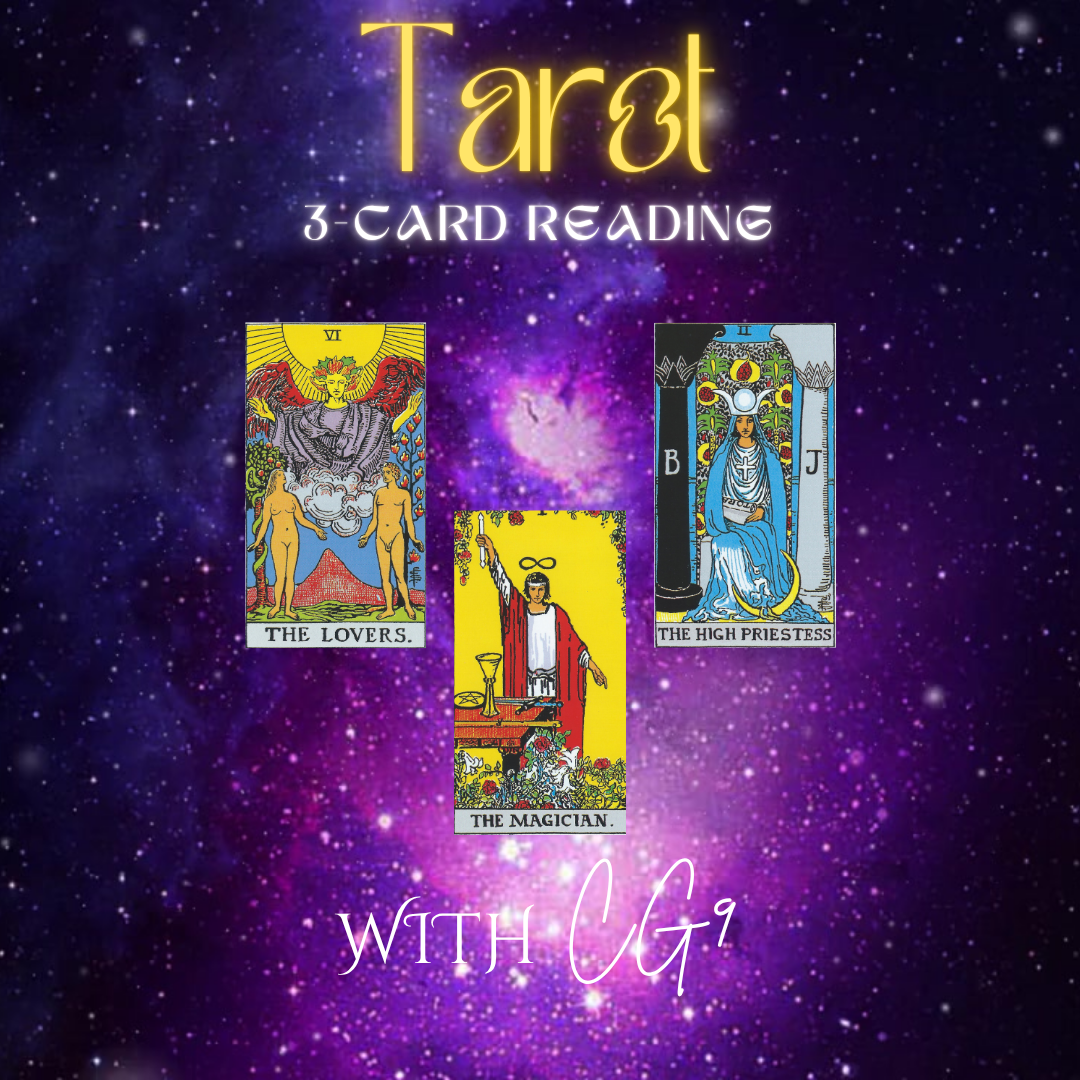 Three tarot cards ('The Lovers', 'The Magician', 'The High Priestess') on a purple starry background with text 'Tarot 3-Card Reading with CG'.