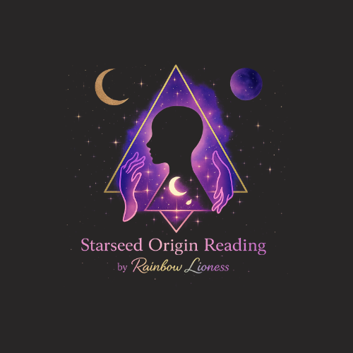 Logo for Starseed Origin Reading by Rainbow Lioness with silhouette, triangle, and celestial elements on a dark background.