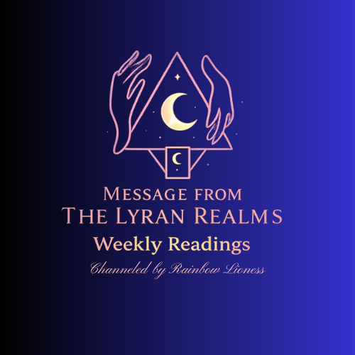 Logo for 'Message from The Lyran Realms' with hands holding a triangle with a moon and star, on a blue background.