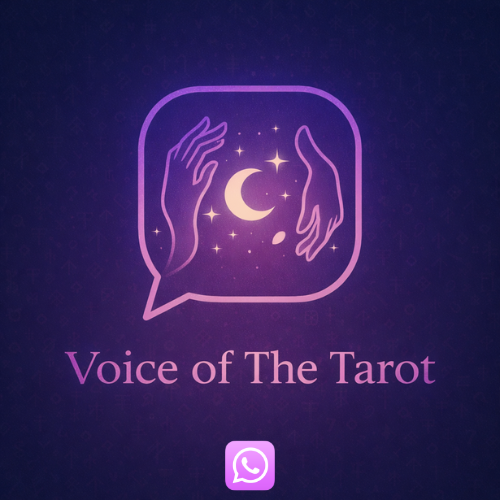 Logo for 'Voice of The Tarot' with hands, moon, and stars on a dark purple background.