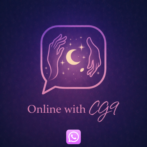 Logo with hands holding a moon and stars inside a speech bubble on a dark purple background, featuring the text 'Online with CG9' and a WhatsApp logo.